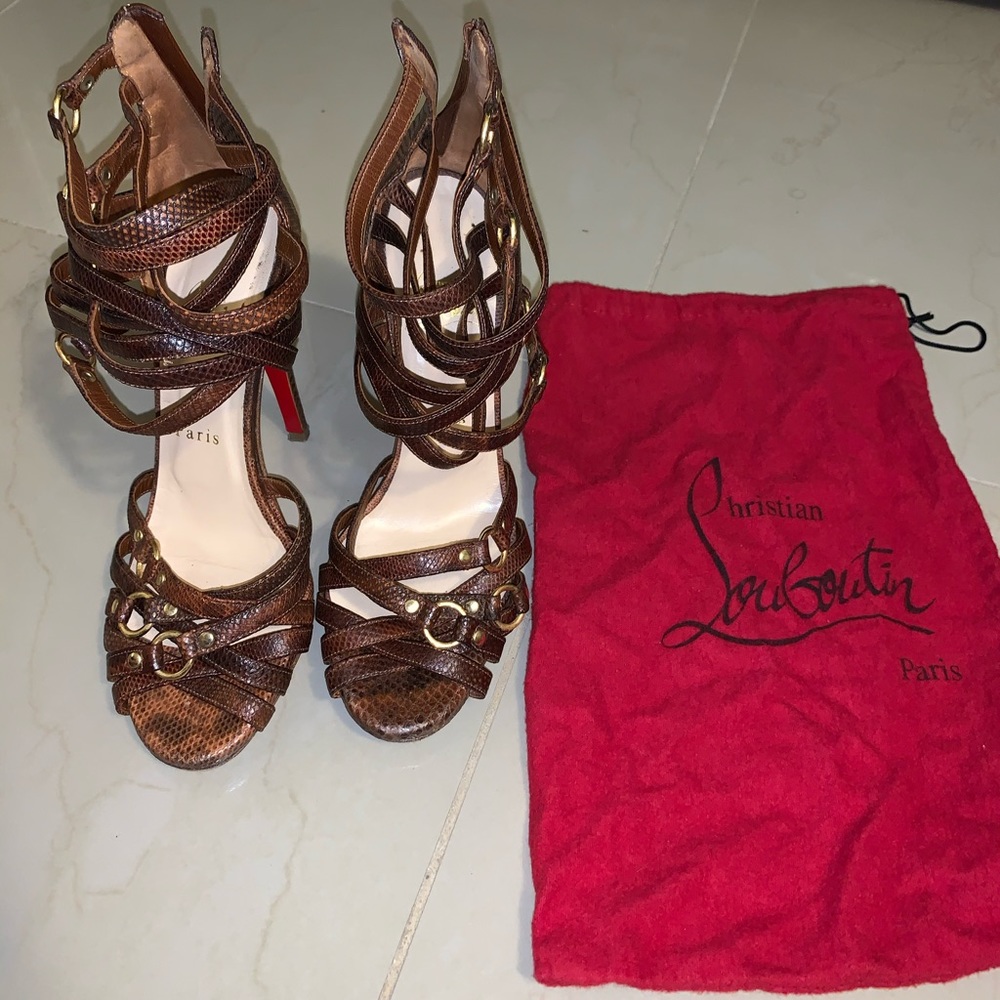 Christian Louboutin brown strappy heel w/gold hoop
